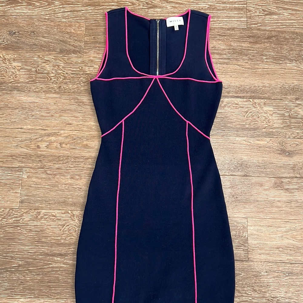 Milly navy knit dress with hot pink piping and zipper at top of the back - xs